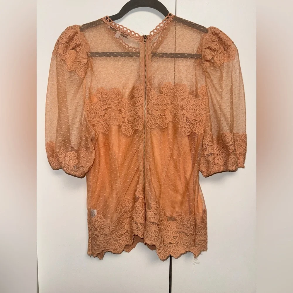 Story On Delicate Lace & Dot Mesh Puff-Sleeve Blouse in Rust SizeM - Picture 7 of 7